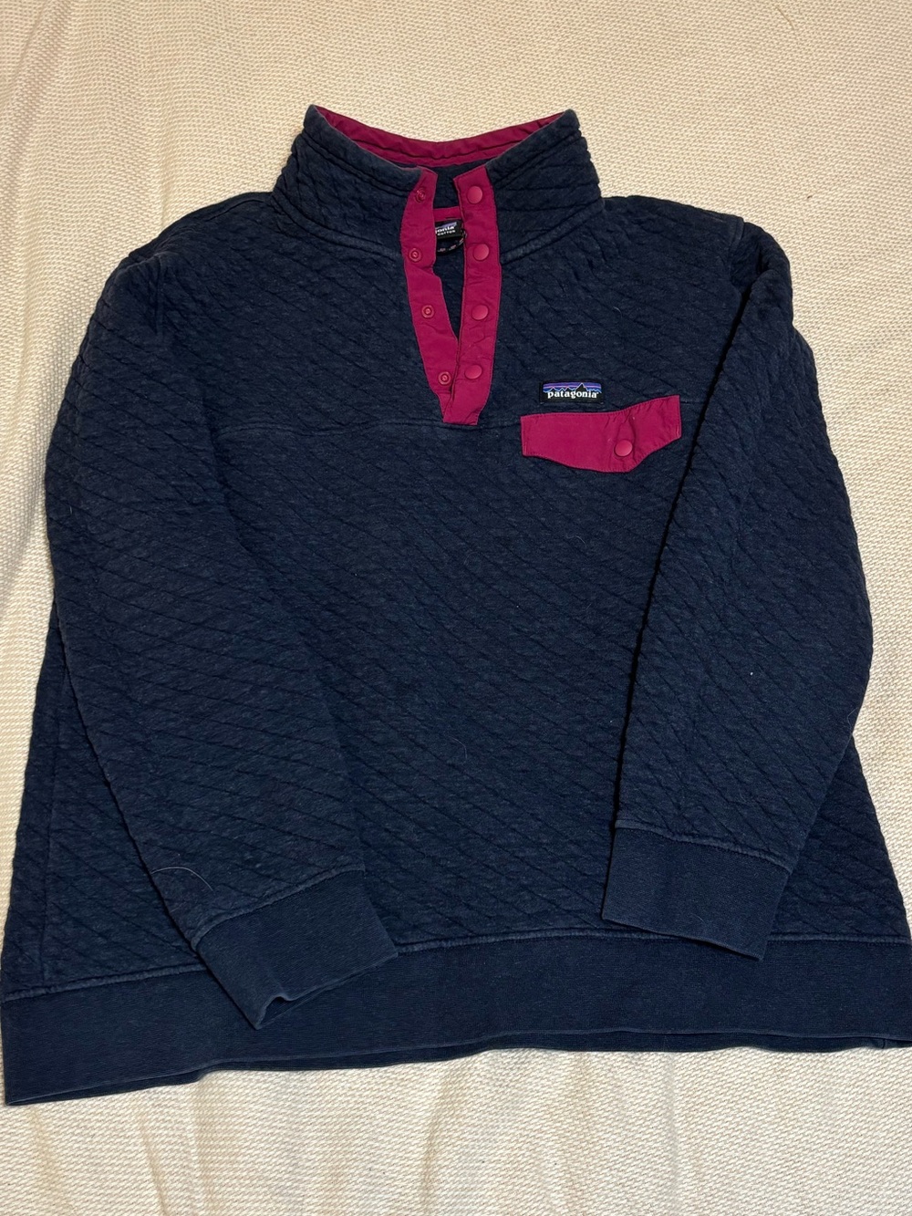 Patagonia Navy Pullover with Raspberry Snap Trim